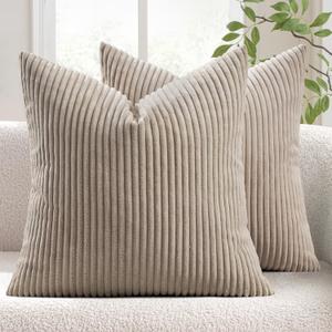 MIULEE Pack of 2 Corduroy Soft Soild Decorative Square Throw Pillow Covers Cushion Cases Pillowcases for Sofa Bedroom Car 18 x 18 Inch 45 x 45 Cm Light Brown