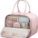 LOVEVOOK Travel Toiletry Bag for women, Leather Large Wide-open Makeup Bag, Waterproof Cosmetic Bag Organizer for Shower, Traveling, Toiletries, Bathroom