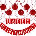 Red Birthday Decorations Kit - 16-Piece Set with Pre-Strung Happy Birthday Banner, Honeycomb Balls, Garland & Swirls | Red Theme Party Supplies for Women Girls Kids, Teens Adults