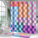 4 PCS Checkered Shower Curtain Sets Fun Gingham Bathroom Sets Soft Non Slip Bath Rugs Toilet Cover U-Shaped Mat Retro Bright Waterproof Shower Curtains with 12 Hooks for Tub Toilet, Colorful, 71"W x 71"L