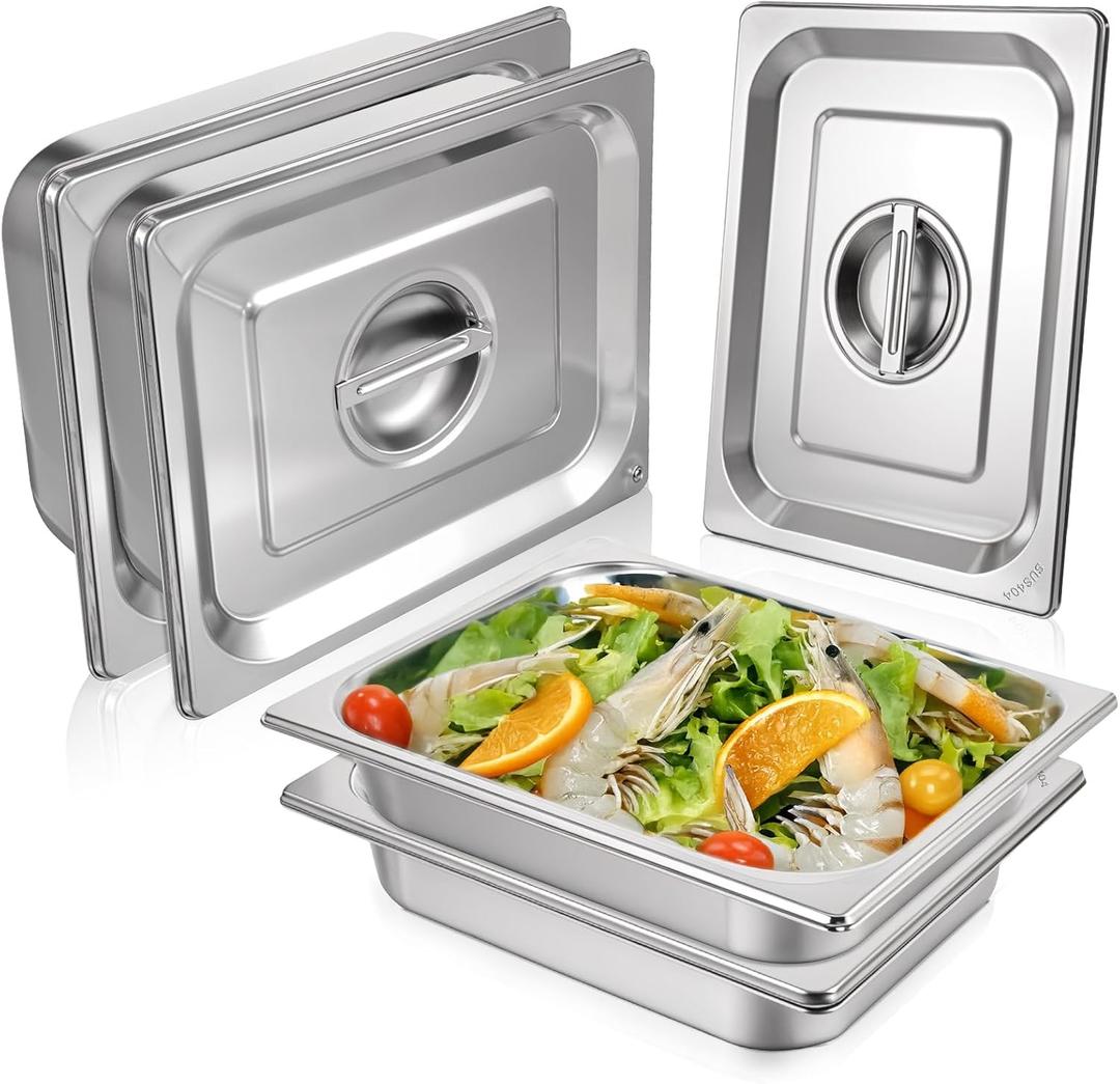 4 Pack Hotel Pans with Lids, 1/2 Size Anti-Jam Steam Pan, 2.5 Inch Deep Stainless Steel Steam Table Pans, Commercial Table Catering Storage Food Pan for Party, Hotel, Restaurant, Cafeterias, Buffet
