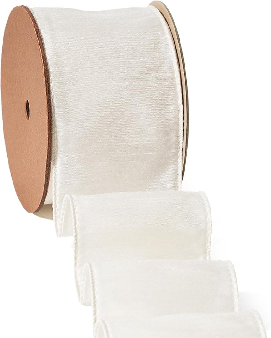 LaRibbons Ivory Ribbon Wired 2.5 Inch x 10 Yards Cream White Dupioni Ribbon for Christmas Gift Wrapping Flower Bouquet Wreath Bow Party Home Decoration