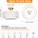 OUTON 16" Semi Flush Mount Ceiling Light Double Drum Gold 3-Light, Modern Linen Fabric Shade Ceiling Light Fixture for Living Room, Bedroom, Kitchen, Dining Room, Hallway and Entryway