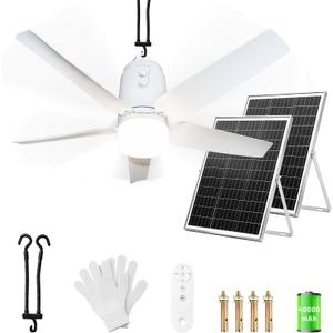 SHUNLEE Solar Outdoor Ceiling Fan Light 31.5'', 60W Solar Powered Portable Gazebo Fan With Remote and Hook, 3000K-6000K LED, 40000mAh Large Hanging Canopy Fan (31.5 inch)
