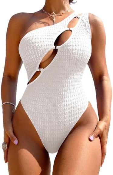 SKAYS Women's One Piece One Shoulder Swimsuit with Cutout Halter Design High Waisted Sexy Tummy Control Bathing Suit (White, Large)