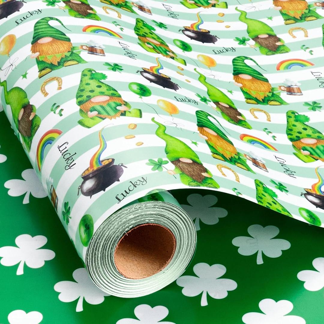 Flyhill St. Patricks Day Wrapping Paper Roll Green, Reversible Lucky Gift Wrapping Paper with Horseshoes Shamrock Gold Coins Goblin Rainbow for St. Patrick's Day, Birthday, Spring Party, Baby Shower, Celebration (17 Inch X 33 Feet)