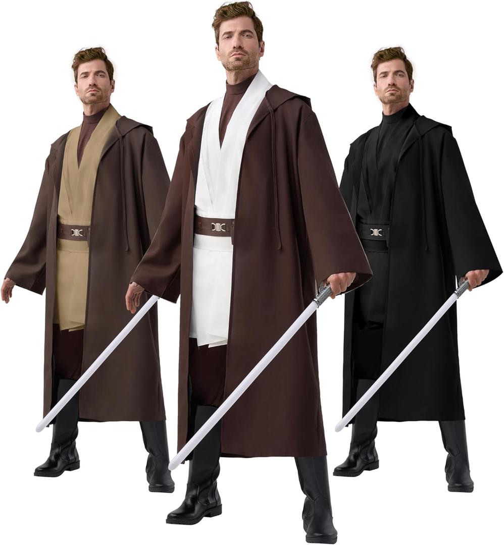 Spooktacular Creations Halloween Mens Tunic Hooded Cloak, Knight Costume Men, Tunic Hooded Robe with Pants for Halloween (Medium, White)