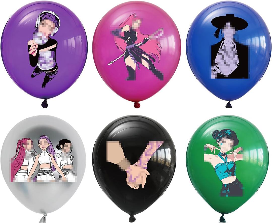 Anime Style Party Balloons 24 Pack 12 Inch Cartoon Character Latex Balloons, 6 Assorted Colors, Cool Girl Theme Birthday Decorations for Teens & Kids