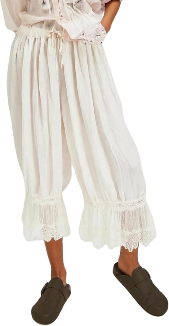 Women Lace Long Bloomers Pants Elastic Waist Y2k Ruffle Pettipants Slip Cute Pantaloons Pumpkin Pants (Small, White)