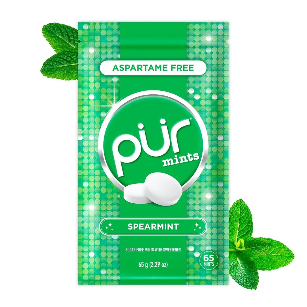 PUR Mints | Aspartame Free Breath Mints | Made with Xylitol | Sugar Free, Vegan, Gluten Free | Natural Spearmint Flavor | 65 Pieces in Re-Sealable pouch (Pack of 1) (EXP 03/22/28)