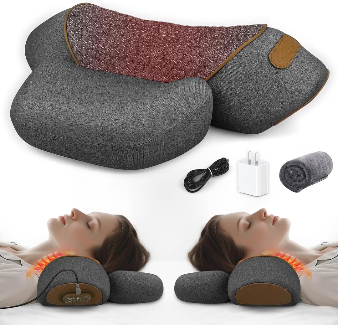 3-in-1 Neck Massager Pillow with Heat & Traction, Deep Tissue Cervical Traction Device for Neck Hump Corrector, Shoulder & Upper Back Pain Relief, Relaxing TheraPillow Support