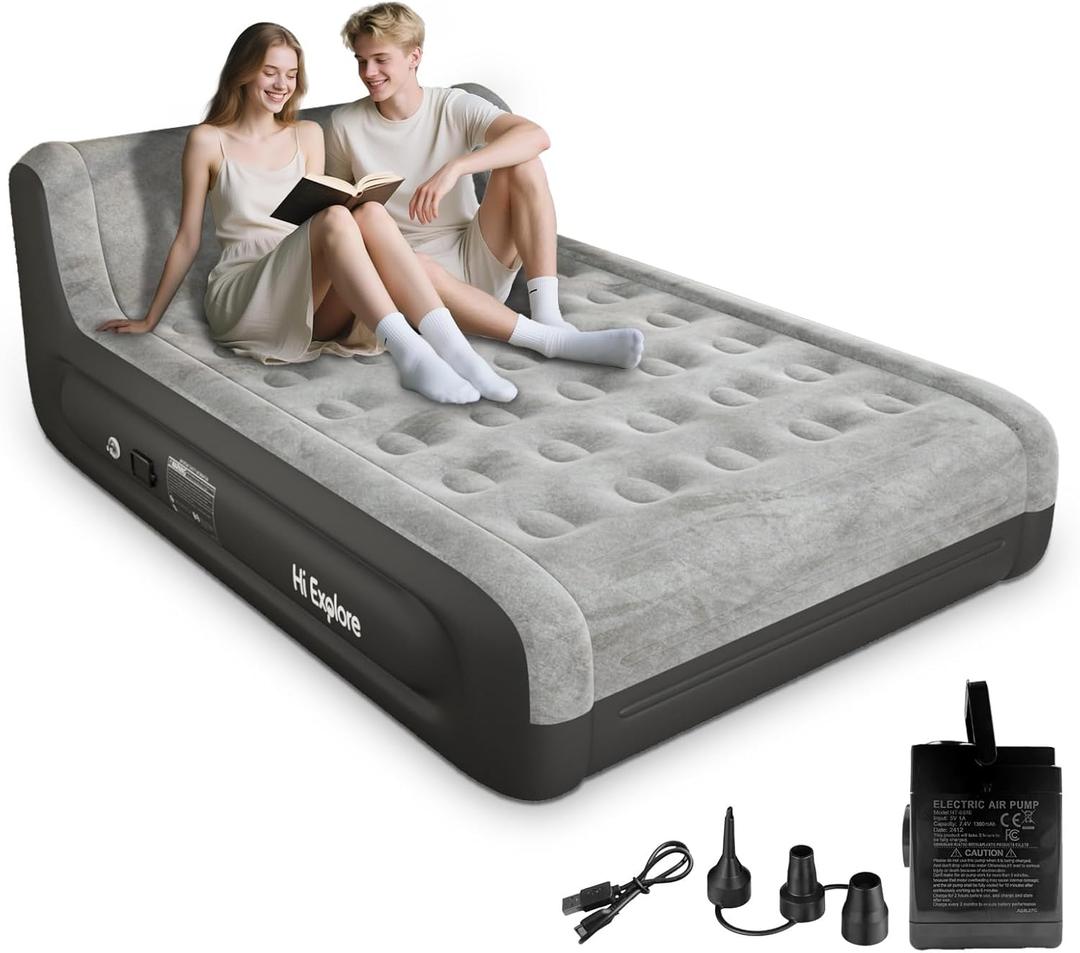 Queen Air Mattress with Headboard, Built-in USB Rechargeable Pump for Quick Inflation, 18" Raised Portable Blow up Mattress with Plush Dutch Velvet for Home, Guests, Camping, Black Grey