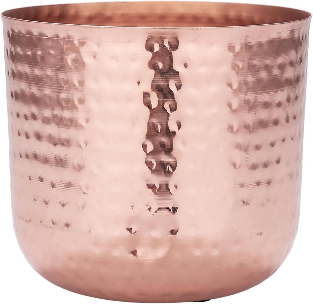MyGift 6.5 Inch Vintage Hammered Copper-Tone Metal Flower Pot Indoor Plant Container, Decorative Cylindrical Succulent Planter with Flared Rim, Handcrafted in India