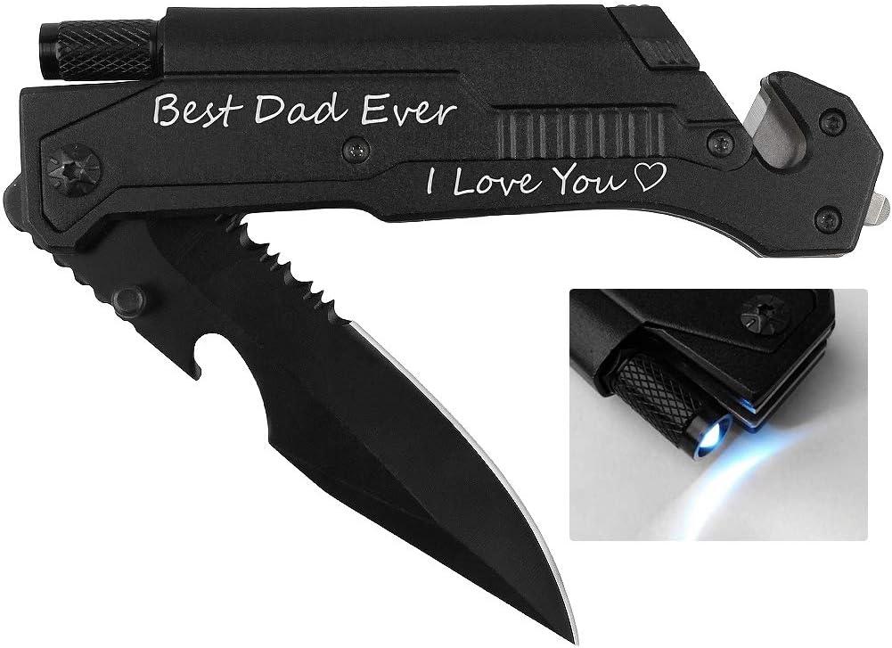 Engraved Pocket Knife,Best Dad Ever, Dad Pocket Knife for Men with 6 Functions, LED Light, Fire Starter, Bottle Opener,Seat Belt Cutter,Glass Breaker