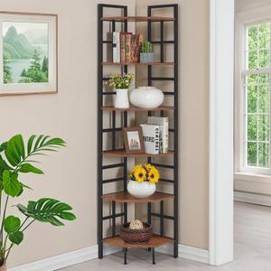 HOMISSUE Corner Shelf, 6 Tier Tall Narrow Bookshelf 76.9", Industrial Corner Bookcase with Storage for Home Office Living Room and Bedroom, Rustic Brown
