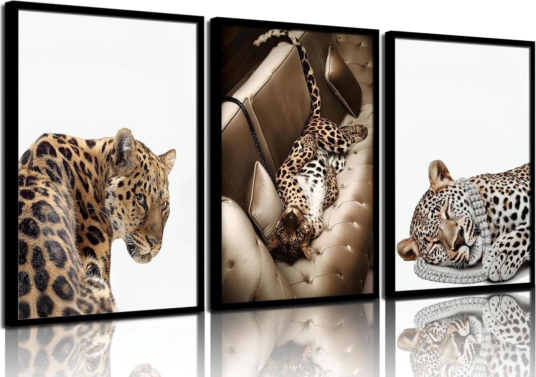 3Pcs Trendy Leopard Wall Art Dopamine Decor Posters Prints Preppy Room Aesthetic Cheetah Wall Decor Pictures for Girls Bedroom Apartment Dorm Unframed