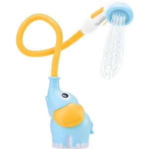 Yookidoo Baby Bath Shower Head  Elephant Water Pump with Trunk Spout Sprayer & Rinser, Dual Knob Flow Control, Bath Time Essential for Newborns, Tub or Sink (Blue & Orange)