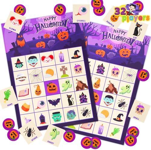 JOYIN 32 Players Halloween Bingo Card Game, Kids Bingo Cards Set for Halloween Party Games, Large Group Family Activities, School Classroom Party Supplies