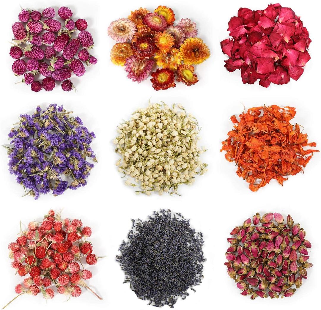 9 Bags Dried Flowers,100% Natural Dried Flowers Herbs Kit for Soap Making, DIY Candle Making,Bath - Include Rose Petals,Lavender,Don't Forget Me,Lilium,Jasmine,Rosebudsand More