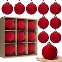 9 PCS Christmas Velvet Balls Flocked Xmas Tree Ball Ornaments Christmas Large Ball Set Xmas Tree Hanging Decoration (Red, 4inch)