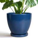 Ceramic Plant Pot - 8 Inch Planter for Indoor Outdoor Plants, Round Flower Pots with Drainage and Tray, Home Office Decor, Blue