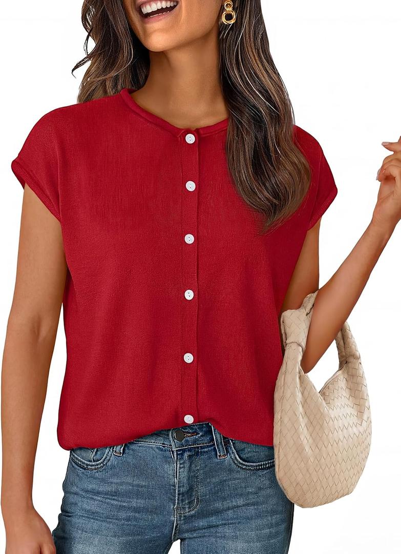 MEROKEETY Women's Summer Cap Short Sleeve Sweater Vest 2026 Lightweight Button Down Cardigans Spring Casual Trendy Tops (Medium, Red)