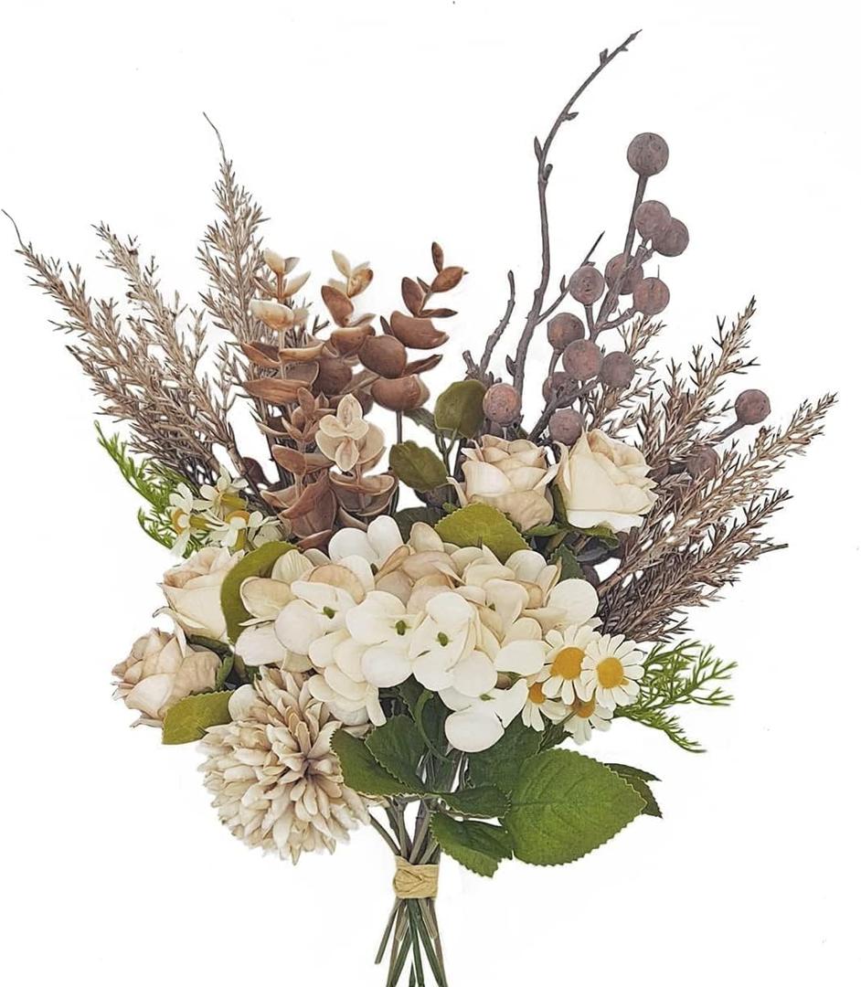 12-inch Small Fake Silk Flowers Fall Bouquet Faux Centerpieces with Roses, Dandelions, Hydrangea, Daisies, Hollyberries - Realistic Artificial Floral Arrangements for Home Kitchen Decor (Brown)