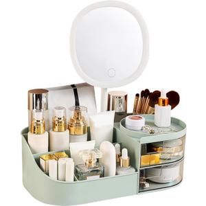 DASITON Makeup Organizer with Rechargeable Mirror,Makeup Brush Holder with 2 Drawers,Skincare and Cosmetics Organizer Countertop,Large Capacity Cosmetic Display Case for Vanity,Bedroom,Bathroom(Green)