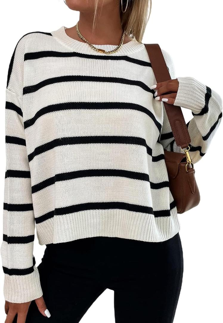 GORGLITTER Women's Striped Drop Shoulder Sweater Oversized Crew Neck Knit Sweaters Pullover Top (Medium, Black and White)