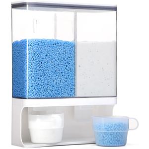 Laundry Detergent Dispenser, Wall Mounted Laundry Scent Boosters Beads Dispenser with 2 Cups for Rice, Beans, laundry powder, Stain Remover Powder, Laundry Beads Container (105 oz) (White)