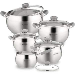 Daniks Modern 10-Piece Stainless Steel Cookware Set with Glass Lids, Includes Saucepan, Tri-Ply Bases for Even Heating, Induction Compatible, Dishwasher Safe, Heatproof Handles