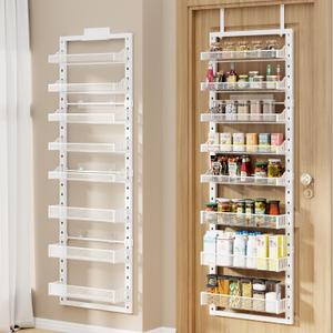 8 Tier Pantry Door Organizer, 2 IN 1 Over the Door Pantry Organizer with Metal Adjustable Baskets,Spice Rack Wall Mount or Door Organizer, Door Spice Rack for Pantry