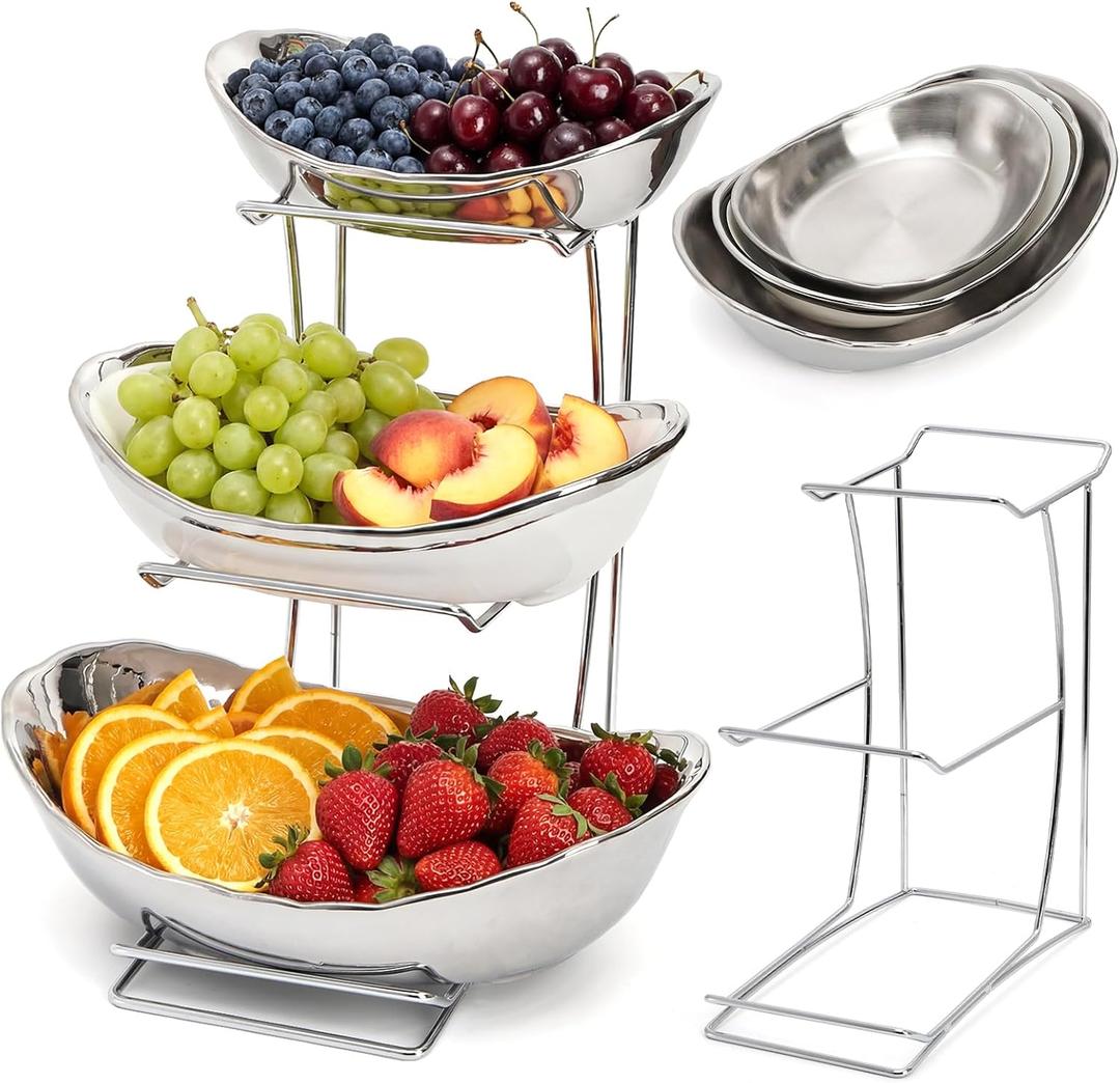 Goaste 3 Tier Ceramic Fruit Bowl, Oval Tiered Serving Bowl Set, Porcelain Fruit Basket with Metal Stand, Large Detachable Fruit Storage Holder Rack for Kitchen Counter, Vegetable, Cake, Dessert, Salad