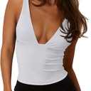 REORIA Women's Summer Sexy Plunge Deep V Neck Sleeveless V Backless Tank Top Double Lined Workout Yoga Crop Tops White Small