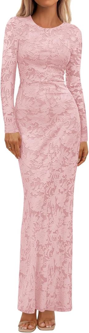 BTFBM Wedding Guest Dresses for Women 2026 Spring Elegant Floral Lace Ruched Long Sleeve Bodycon Cocktail Party Maxi Dress (Medium, Pink)