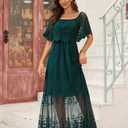 Women's Off The Shoulder Embroidered Lace Maxi Wedding Dress Boho Wedding Guest Formal Party Maternity Photoshoot Dresses (Green, XXL)