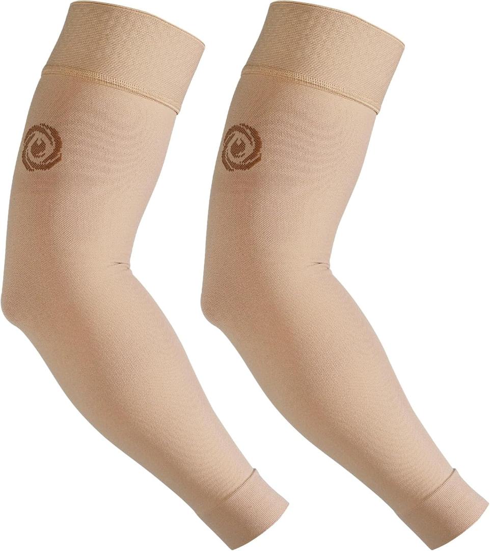 NURCOM Medical Compression Arm Sleeve for Men Women, 2 Pack, 20-30mmHg with Silicone Band for Lymphedema, Lipedema, Pain Relief, Edema, Swelling, Post Surgery Recovery, Beige L
