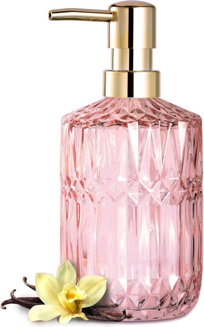 EMPO Clear Glass Soap Dispenser with ABS Plastic Pump, Crystal Lotion Dispensers for Kitchen Sink, Bathroom (Light Pink) (Standard)