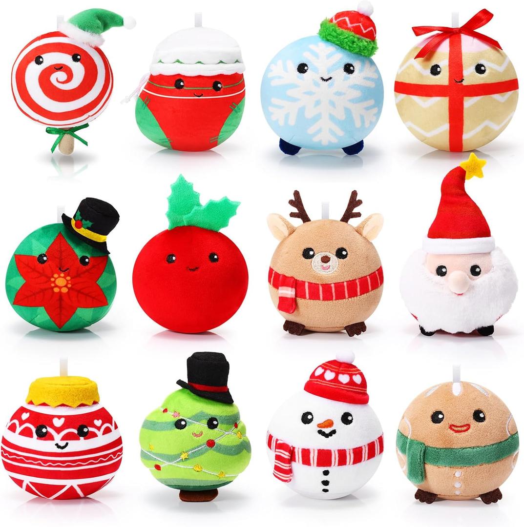 12 Pcs Christmas Plush Ornaments 3.15 Inch Plush Doll Toy Santa Claus Elk Snowman Gingerbread Man Christmas Tree Snowball Snowflake Gift Box Sock Candy for Xmas Party Favor Gifts