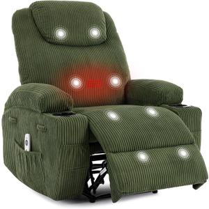 Ultra-Comfortable Corduroy Electric Recliner Chair - 135 Forward & Backward Adjustment, Heated Massage, Dual Cup Holders, Double-Side Storage Pockets & Tool-Free Assembly Green
