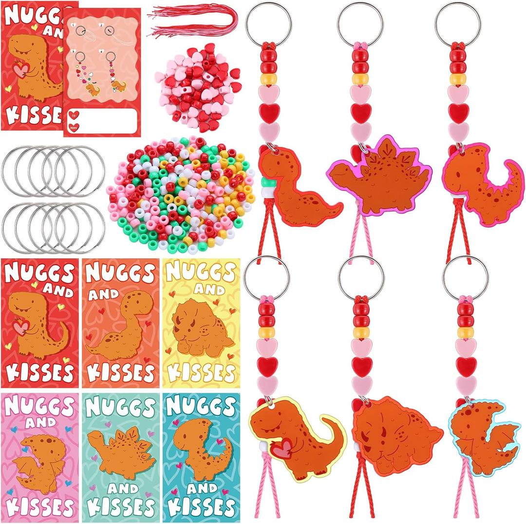 48 Pcs/24 Sets Valentine's Day Dinosaur Keychains Gift Crafts Dinosaur Nugget Cards and Beaded DIY Key Chain Making Kit Valentine Exchange Gifts for Classroom School Activities Party Favor