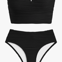 ZAFUL Womens Bandeau Bikini Set Strapless Textured Two Piece Lace up Bathing Suits High Waisted V-Neck Swimsuits Size M