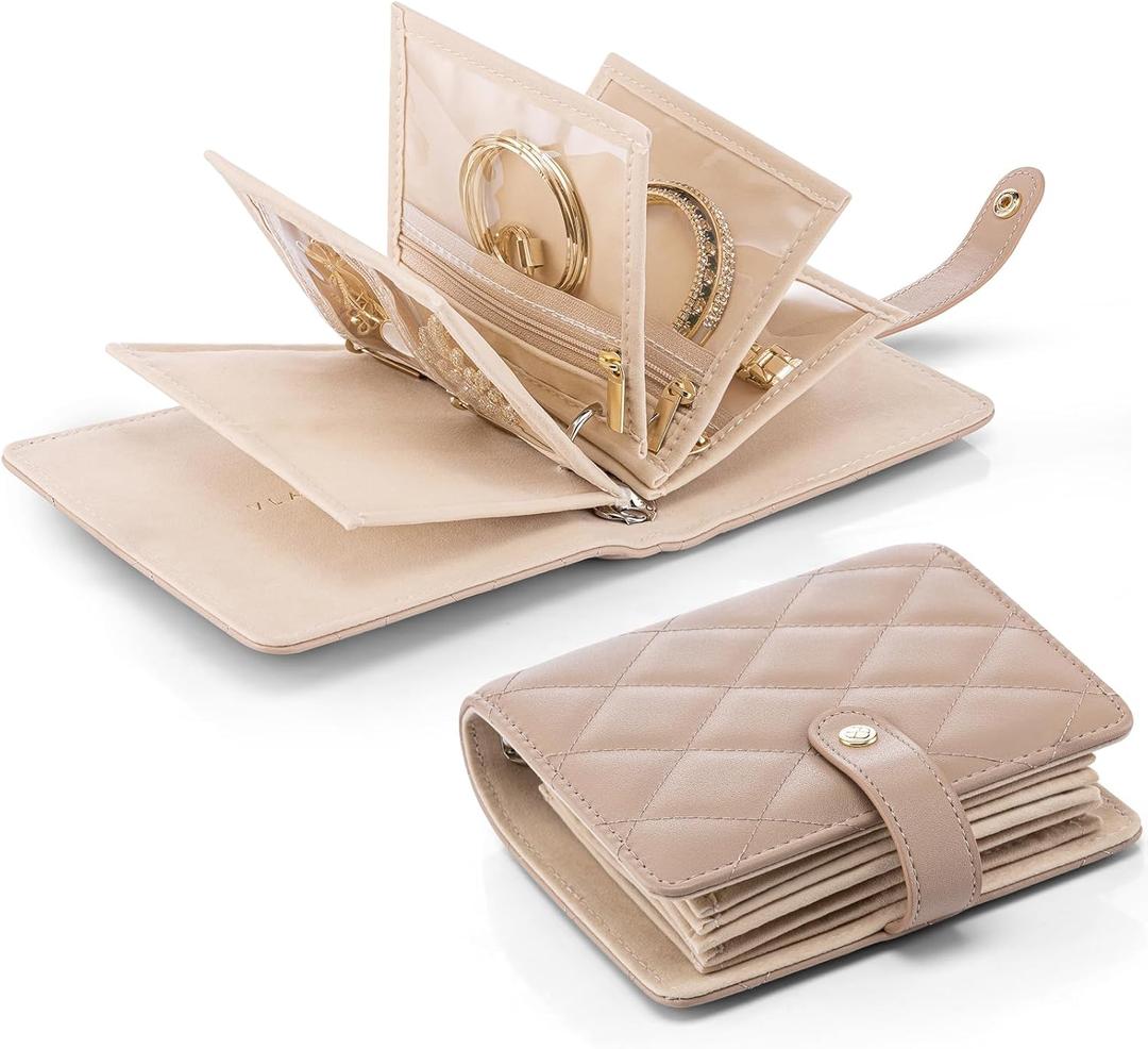 Vlando Travel Jewelry Case,Portable Jewelry Organizer Storage Book with Clear Zipper Velvet Jewelry Pouch Bag Gifts for Traveler Women Girls-Toffee (Small-Toffee)