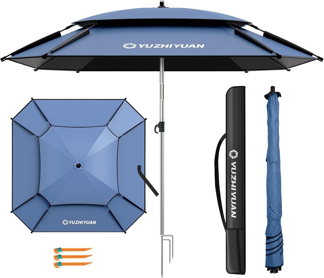Patio Umbrella with Exclusive Black Coating, 7.8ft Heavy-Duty Double-Layer Nylon Canopy, Adjustable Tilt Sun Shade Outdoor Table Umbrella, UV Protection & Carry Bag for Beach, Fishing, Backyard, Color: Norway blue