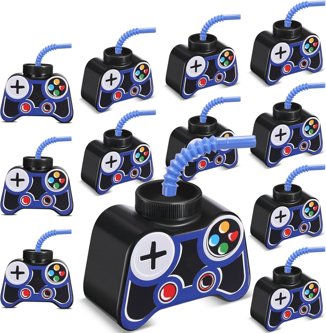 Mifoci 12 Pcs Plastic Video Game Party Cups with Straw and Lid 10oz Gamer Birthday Themed Drink Cups 7th Video Game Party Favors for Kids Toddlers Gamer Birthday Supplies (Blue)