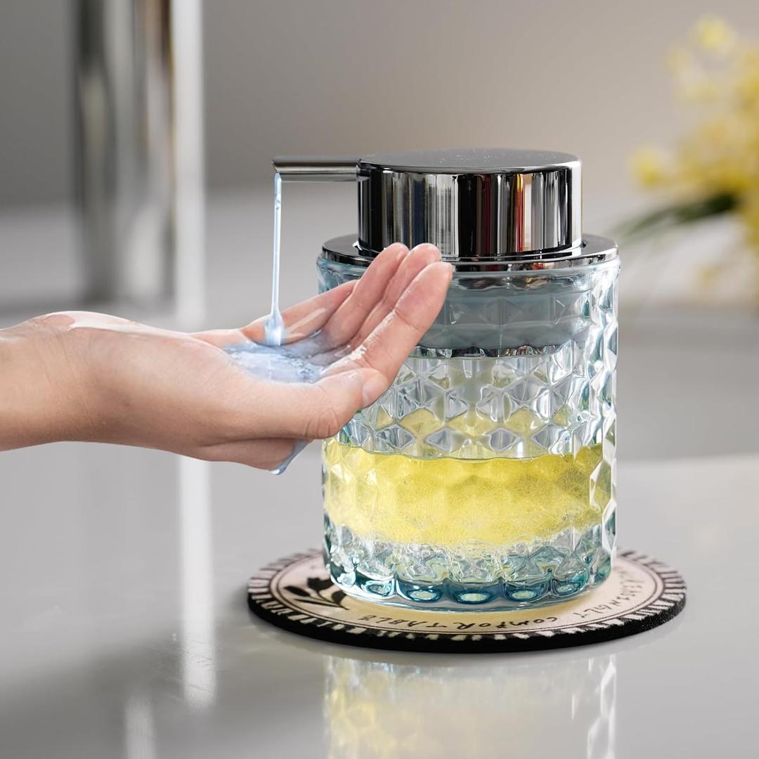 Hand Soap Dispenser Glass, Refillable Liquid Dispenser for Bathroom & Kitchen,Lotion Dispenser with Large Silver PumpDiamond Pattern-Blue