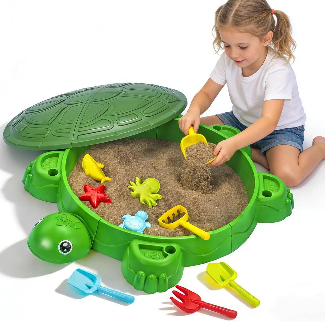 Turtle Sandbox with Lid & Beach Toys Set, 38" Kids Sandbox for Toddlers 3-8, Indoor Outdoor Sensory Play Sand Box with Cover, Summer Gift for Ages 3-8