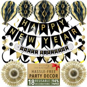 Premium Reusable Birthday Decorations - Multi-occasion Happy Birthday Banner also spells Party Day + more, Fast Assembly with Velcro - Black and Gold Party Decorations for Men and Women