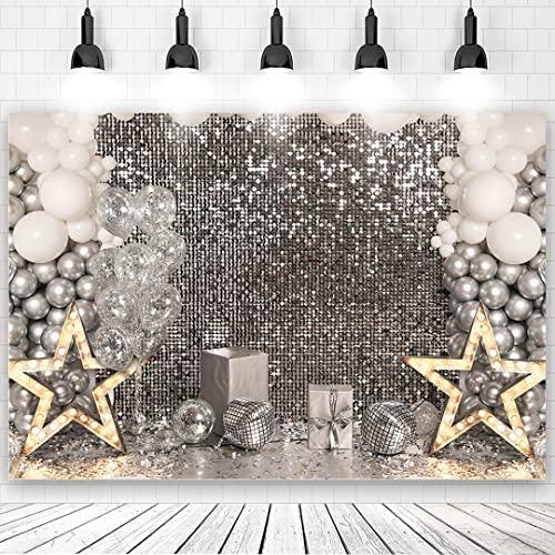 Glitter Sliver Disco Party Backdrop Women Birthday Reception Photography Background Cake Table Decor Backdrop Adult Children Portrait Background Photoshoot Props (10x6ft)