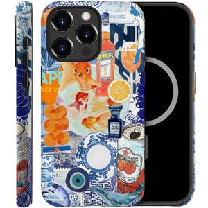Case Compatible with iPhone 15 Pro Max,Compatible with MagSafe,Fall Prevention Hybrid 2-Layer Hard Shell Cases for Girls Boys,Fish Orange Collage European